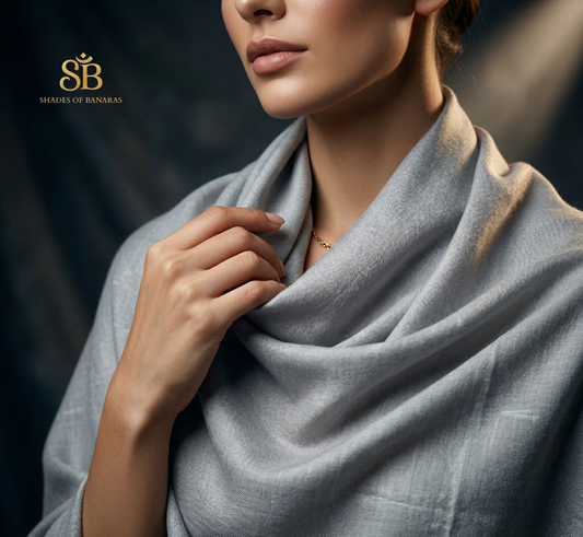 Silver Mist: Pure Pashmina Handwoven Luxe Scarf