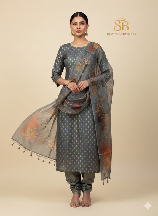 The Grey Elegance: Pure Banarasi Chanderi Suit Set by Shades Of Banaras - banarasi - banarasi saree shop - banarasi saree manufacturers - banarasi saree wholesale - banaraasi sarees