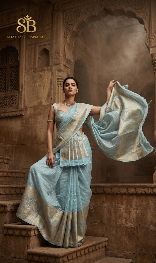 Pastel Blue Kora Silk Saree | Luxe Handwoven Striped Heritage by Shades Of Banaras - banarasi - banarasi saree shop - banarasi saree manufacturers - banarasi saree wholesale - banaraasi sarees - banarasi sari - banarasi saris - silk saree - silk sari - wedding saree - wedding sari - designer sari - wedding collection - gifting