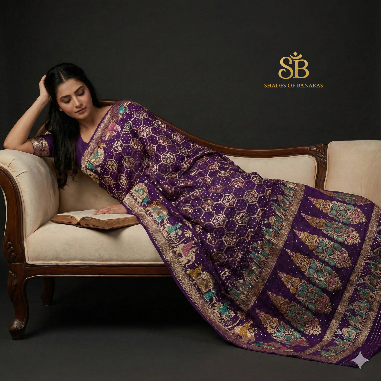 The Royal Amethyst: Purple Khaddi Georgette Bandhani Saree with Minakari Shikargaah Where two worlds of artistry collide, a masterpiece is born. by Shades Of Banaras - banarasi - banarasi saree shop - banarasi saree manufacturers - banarasi saree wholesale - banaraasi sarees