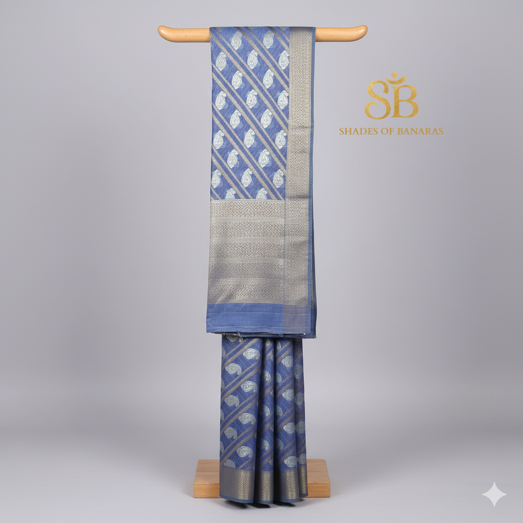 Azure Elegance — Pure Cotton Kota Check Banarasi Saree with Brocade Blouse by Shades Of Banaras - banarasi - banarasi saree shop - banarasi saree manufacturers - banarasi saree wholesale - banaraasi sarees