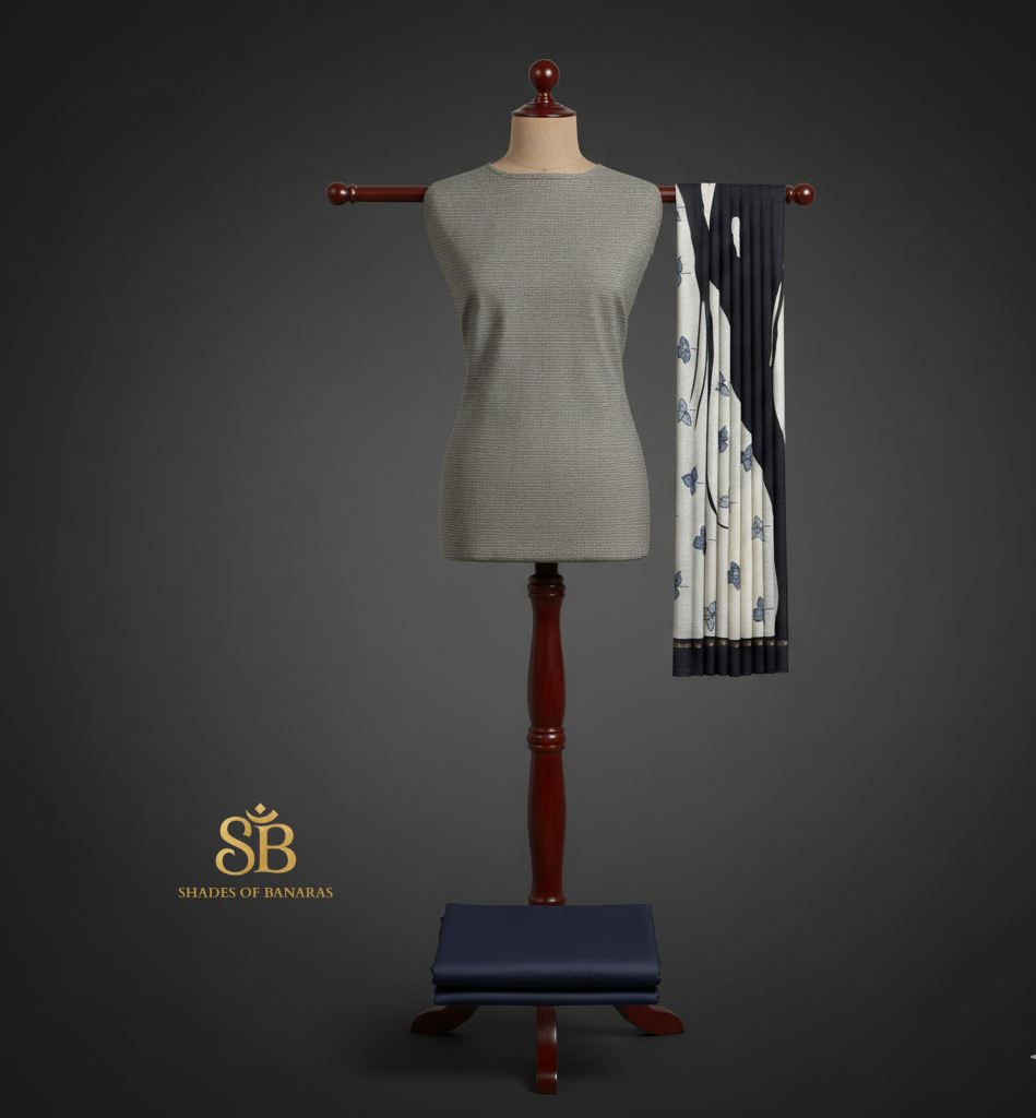 Midnight Slate: Handloom Banarasi Cotton Unstitched Suit Set