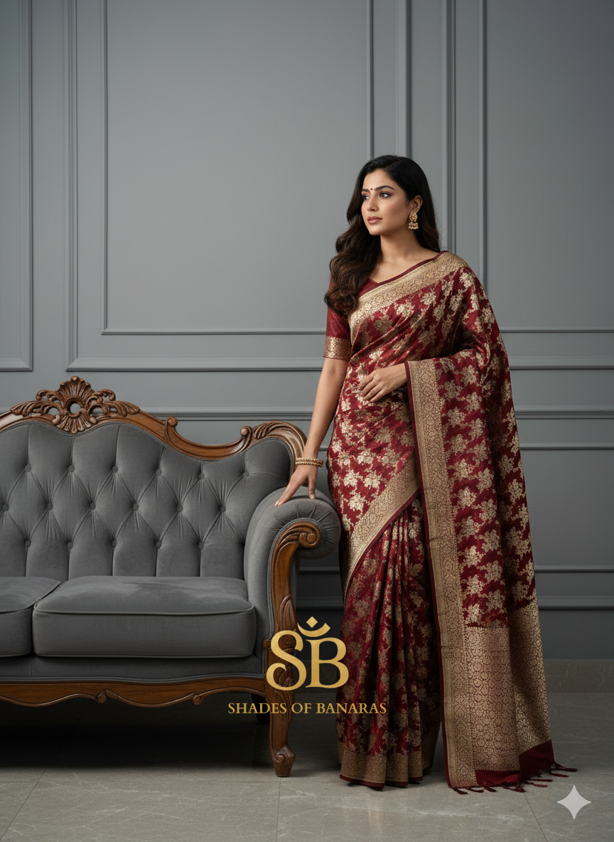 Crimson Legacy – Maroon Pure Silk Handloom Banarasi Saree by Shades Of Banaras - banarasi - banarasi saree shop - banarasi saree manufacturers - banarasi saree wholesale - banaraasi sarees