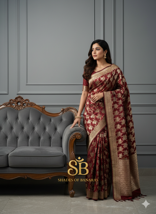 Crimson Legacy – Maroon Pure Silk Handloom Banarasi Saree by Shades Of Banaras - banarasi - banarasi saree shop - banarasi saree manufacturers - banarasi saree wholesale - banaraasi sarees