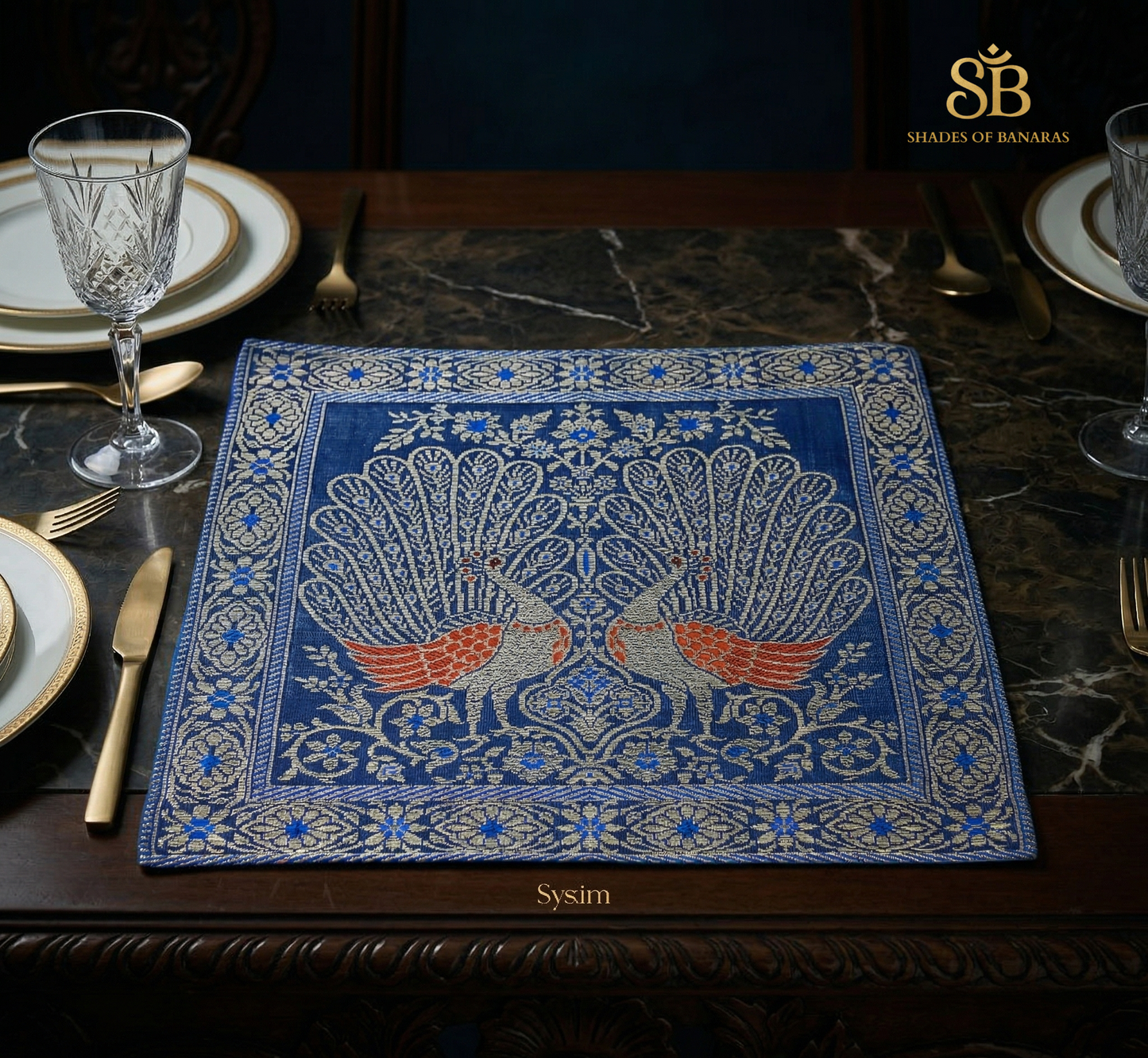 The Azure Heirloom: Midnight Cobalt Couture Silk Table Mat by Shades Of Banaras - banarasi - banarasi saree shop - banarasi saree manufacturers - banarasi saree wholesale - banaraasi sarees - banarasi sari - banarasi saris - silk saree - silk sari - wedding saree - wedding sari - designer sari - wedding collection - gifting