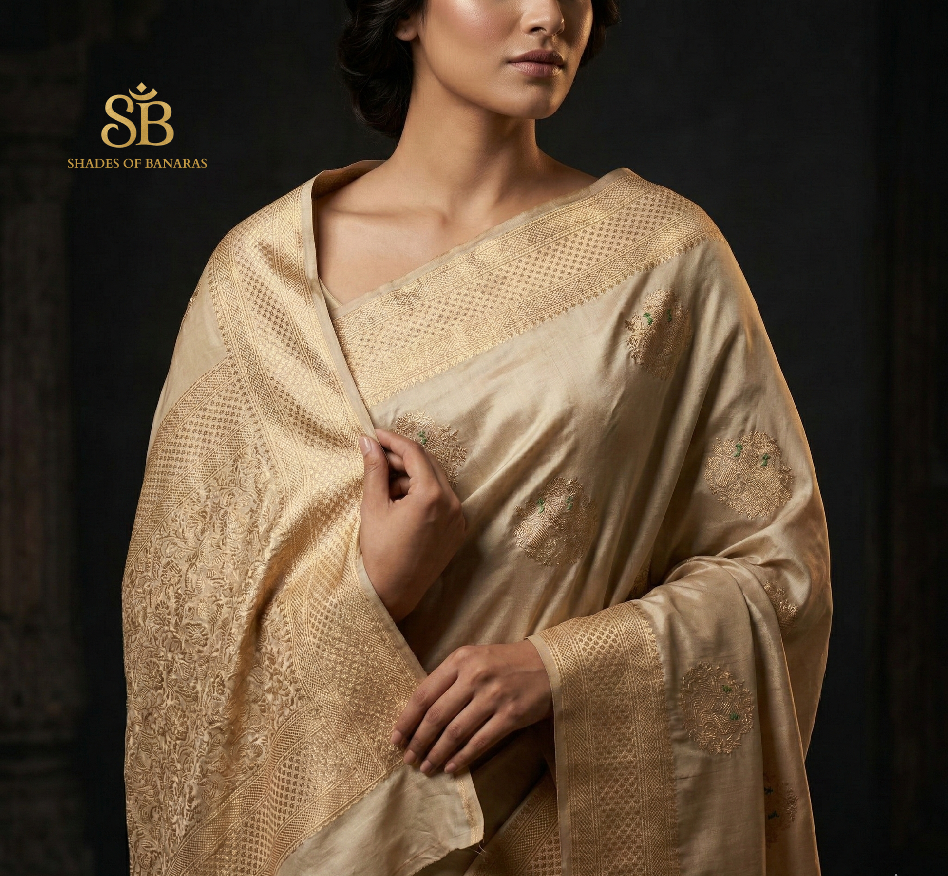 Beige Pure Silk Shikaargaah Banarasi Saree: A Handloom Luxe Masterpiece by Shades Of Banaras - banarasi - banarasi saree shop - banarasi saree manufacturers - banarasi saree wholesale - banaraasi sarees - banarasi sari - banarasi saris