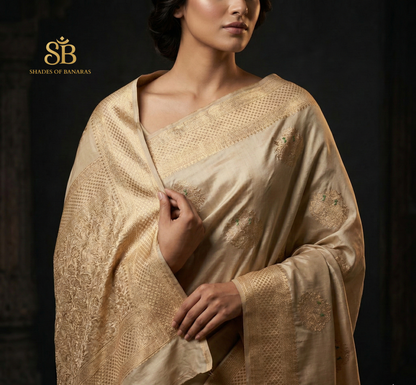 Beige Pure Silk Shikaargaah Banarasi Saree: A Handloom Luxe Masterpiece by Shades Of Banaras - banarasi - banarasi saree shop - banarasi saree manufacturers - banarasi saree wholesale - banaraasi sarees - banarasi sari - banarasi saris