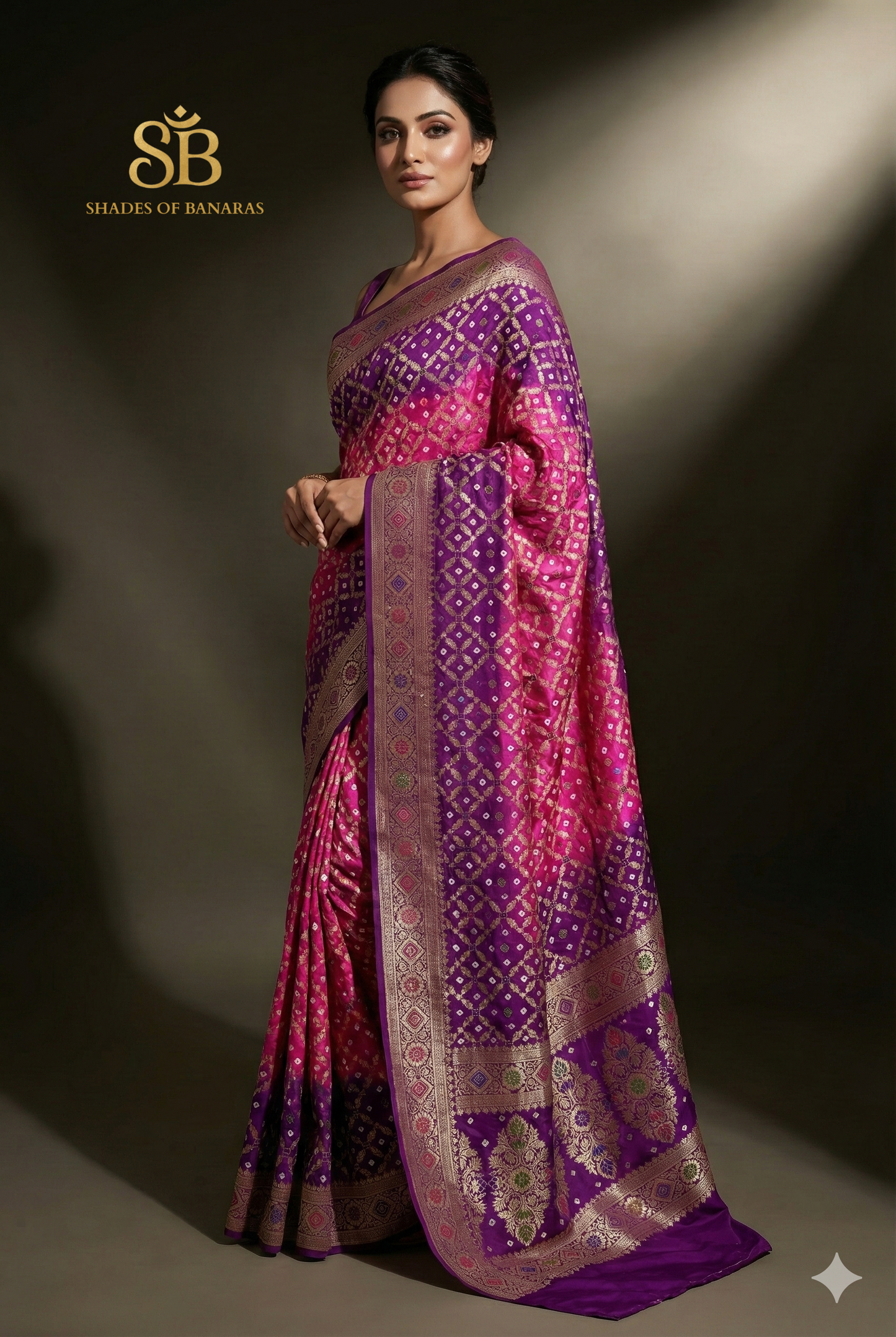 Pink & Purple Pure Georgette Bandhani Banarasi Saree with Minakari Weaving