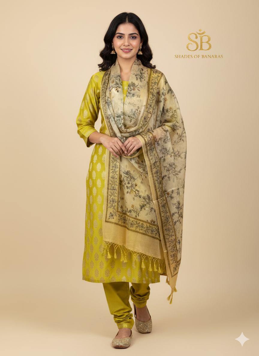 The Sunshine Banarasi Suit: Chanderi & Organza Elegance by Shades Of Banaras - banarasi - banarasi saree shop - banarasi saree manufacturers - banarasi saree wholesale - banaraasi sarees