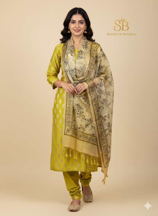 The Sunshine Banarasi Suit: Chanderi & Organza Elegance by Shades Of Banaras - banarasi - banarasi saree shop - banarasi saree manufacturers - banarasi saree wholesale - banaraasi sarees