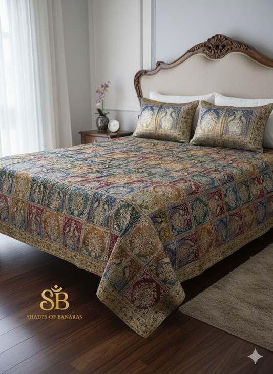 Elegant Beige Pure Brocade Banarasi Bedcover Set by Shades Of Banaras - banarasi - banarasi saree shop - banarasi saree manufacturers - banarasi saree wholesale - banaraasi sarees