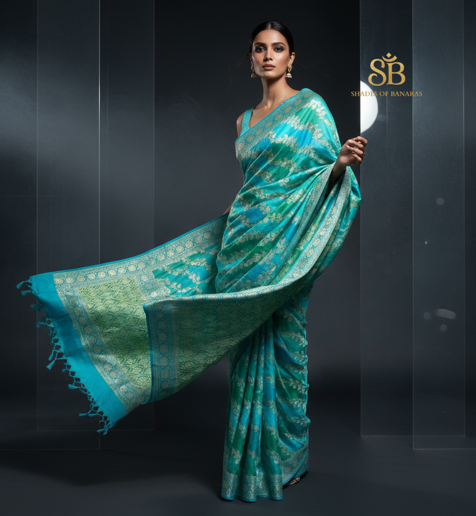 Celestial Blue Striped Luxe — Pure Khaddi Georgette Rangkaat Banarasi Saree by Shades Of Banaras - banarasi - banarasi saree shop - banarasi saree manufacturers - banarasi saree wholesale - banaraasi sarees - banarasi sari - banarasi saris