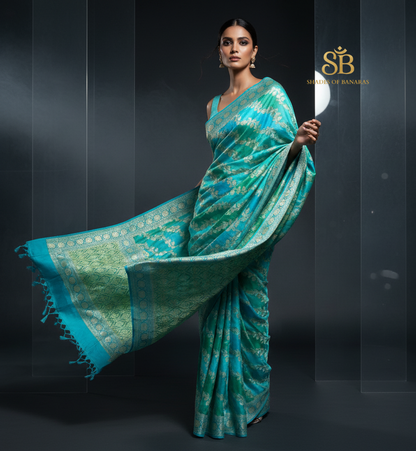 Celestial Blue Striped Luxe — Pure Khaddi Georgette Rangkaat Banarasi Saree by Shades Of Banaras - banarasi - banarasi saree shop - banarasi saree manufacturers - banarasi saree wholesale - banaraasi sarees - banarasi sari - banarasi saris