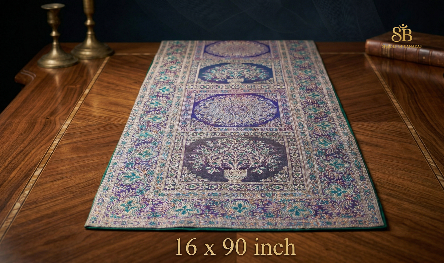 Ethereal Gold Weave: Ultra-Luxe Banarasi Silk Table Statement by Shades Of Banaras - banarasi - banarasi saree shop - banarasi saree manufacturers - banarasi saree wholesale - banaraasi sarees - banarasi sari - banarasi saris - silk saree - silk sari - wedding saree - wedding sari - designer sari - wedding collection - gifting