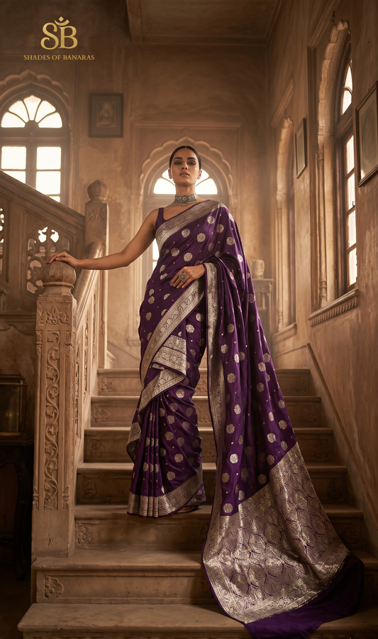 Purple Royale Luxe Banarasi Silk Saree | Matte Gold Zari Buti Handloom Drape