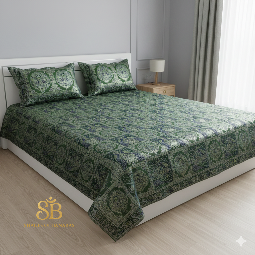 Majestic Navy-Green Pure Brocade Banarasi Bedcover Set (Handloom Luxury)