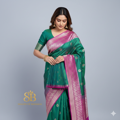 Emerald Majesty — Green Pure Silk Banarasi Saree with Contrast Pink Border & Kadhua Minakari Motifs by Shades Of Banaras - banarasi - banarasi saree shop - banarasi saree manufacturers - banarasi saree wholesale - banaraasi sarees