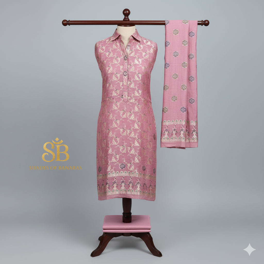 Pink Pure Banarasi Moonga Silk Handloom Khaddi Shikargah 3-Piece Suit Set by Shades Of Banaras - banarasi - banarasi saree shop - banarasi saree manufacturers - banarasi saree wholesale - banaraasi sarees