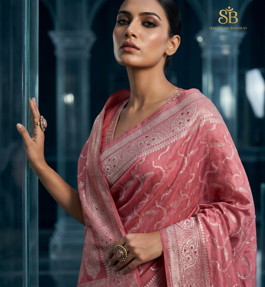 The Peach Nectarine Luxe: Handwoven Pure Cotton Sillk Banarasi Masterpiece Saree