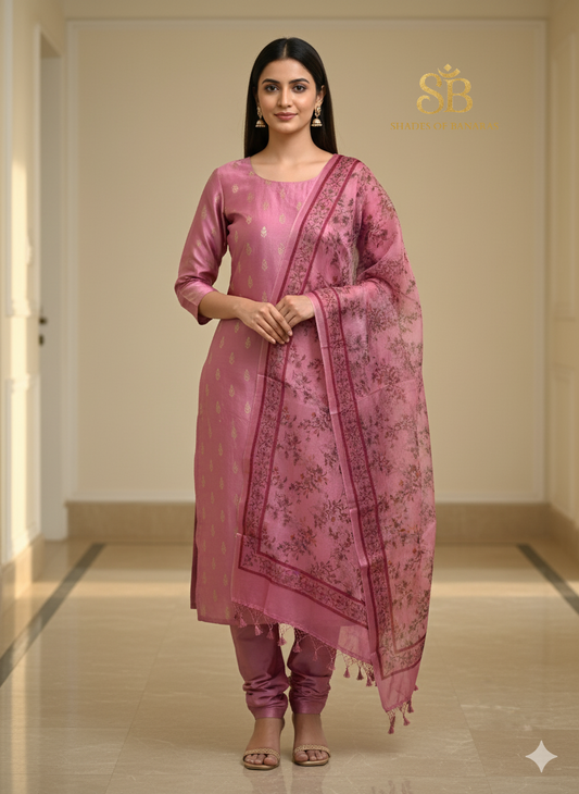 The Pink Dream: Banarasi Chanderi & Digital Organza Suit by Shades Of Banaras - banarasi - banarasi saree shop - banarasi saree manufacturers - banarasi saree wholesale - banaraasi sarees