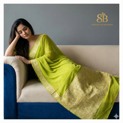 Green Pure Khaddi Georgette Banarasi Saree with Kadhua Border & Designer Blouse