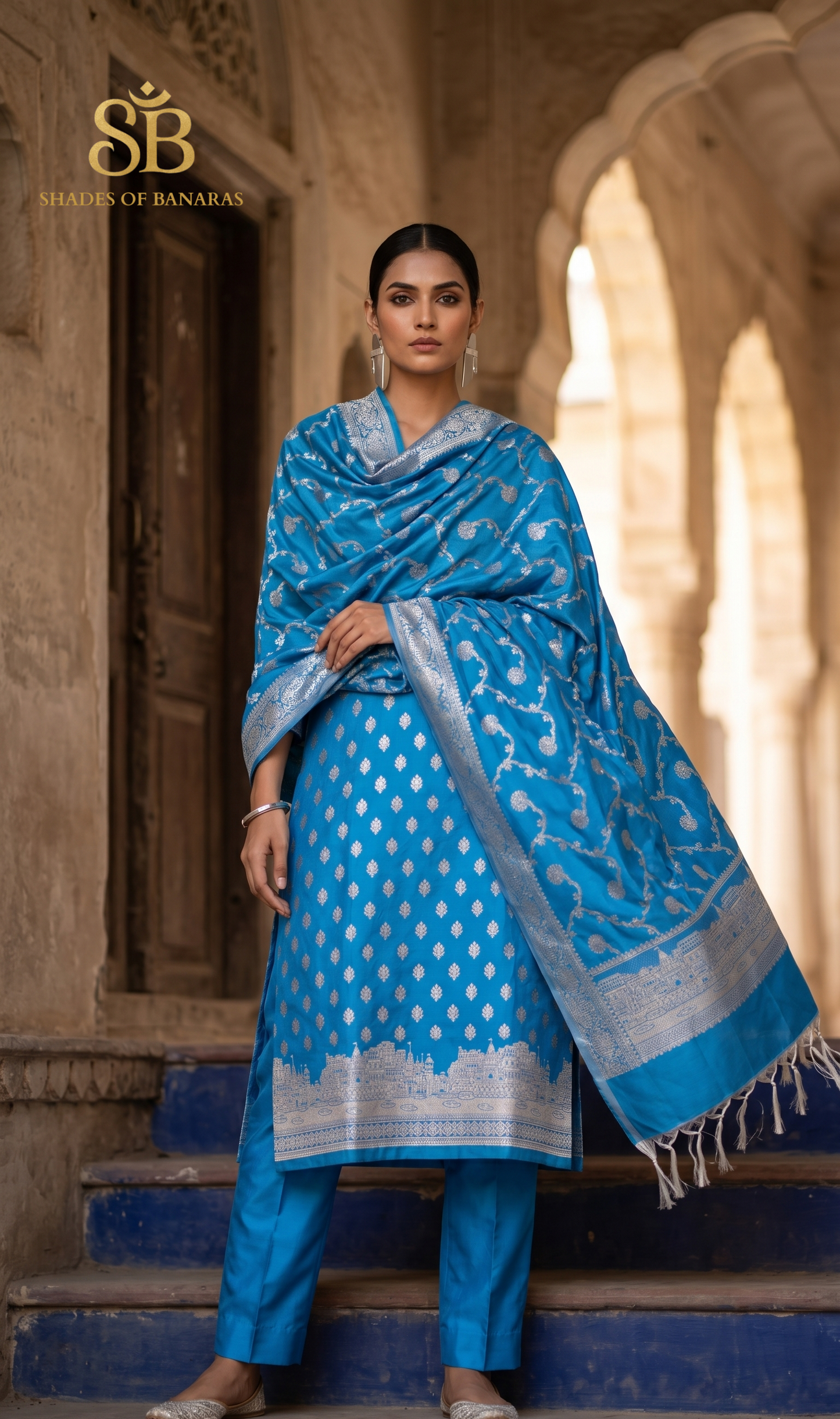 The Sovereign Ghats: Blue Handloom Katan Silk Unstitched Suit Set by Shades Of Banaras - banarasi - banarasi saree shop - banarasi saree manufacturers - banarasi saree wholesale - banaraasi sarees - banarasi sari - banarasi saris - silk saree - silk sari - wedding saree - wedding sari - designer sari - wedding collection - gifting