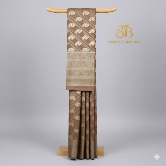 Mocha Grace — Pure Cotton Kota Check Banarasi Saree with Brocade Blouse by Shades Of Banaras - banarasi - banarasi saree shop - banarasi saree manufacturers - banarasi saree wholesale - banaraasi sarees