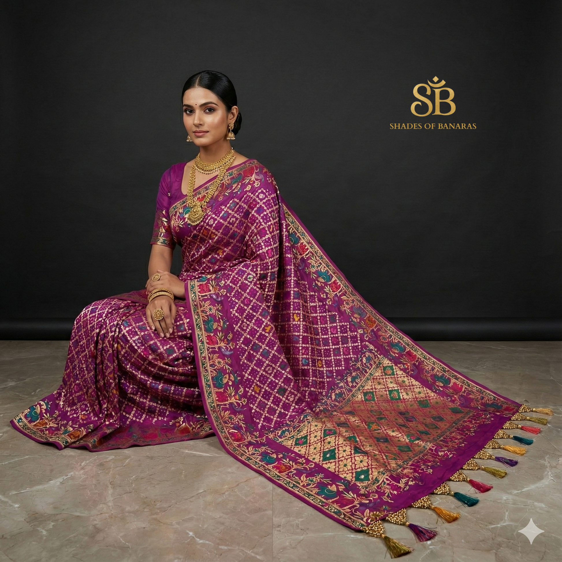 Rangmahal Noor — Magenta Khaddi Georgette Bandhani Banarasi Saree by Shades Of Banaras - banarasi - banarasi saree shop - banarasi saree manufacturers - banarasi saree wholesale - banaraasi sarees