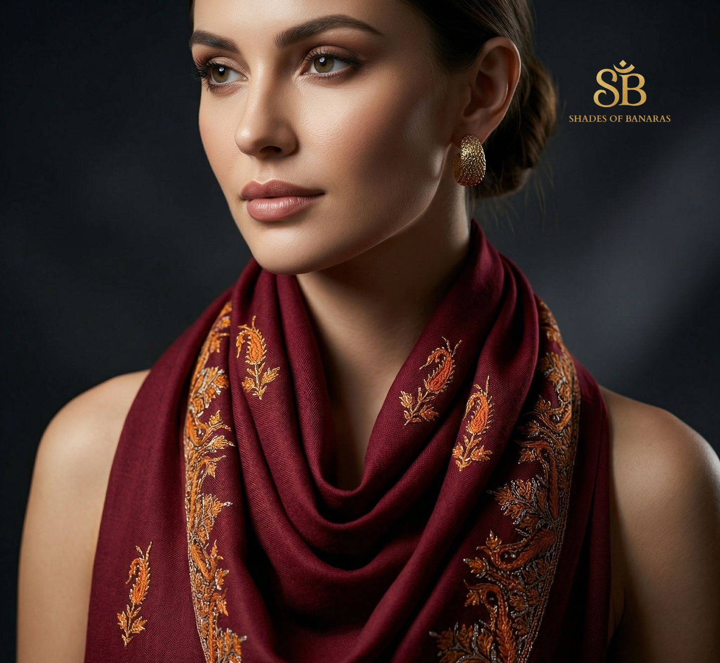 The Crimson Heirloom: Hand-Embroidered Maroon Luxe Pashmina Scarf