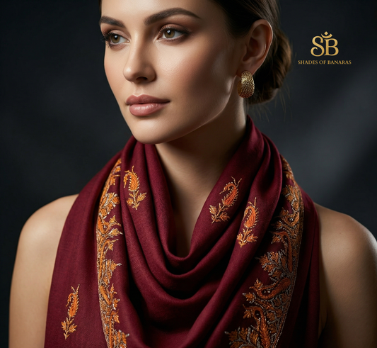 The Crimson Heirloom: Hand-Embroidered Maroon Luxe Pashmina Scarf