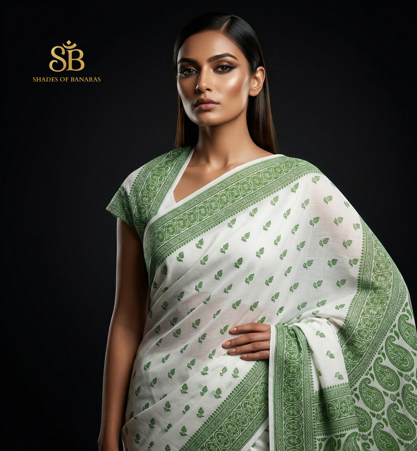 The Verdant Heirloom: Luxe Hand-Embroidered White & Green Pure Cotton Banarasi Sari by Shades Of Banaras - banarasi - banarasi saree shop - banarasi saree manufacturers - banarasi saree wholesale - banaraasi sarees - banarasi sari - banarasi saris - silk saree - silk sari - wedding saree - wedding sari - designer sari - wedding collection - gifting