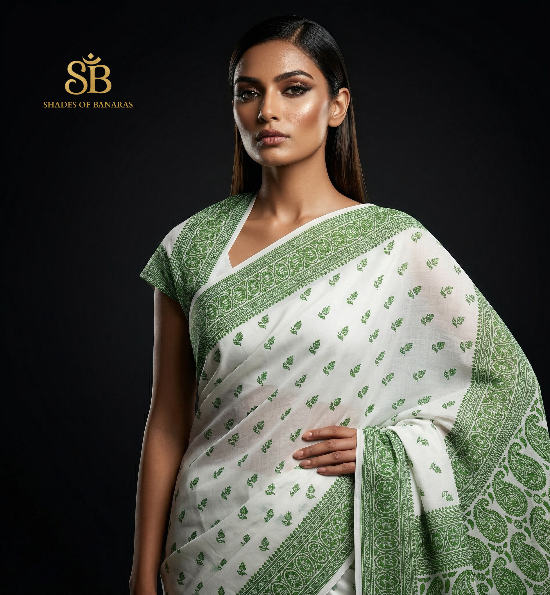 The Verdant Heirloom: Luxe Hand-Embroidered White & Green Pure Cotton Banarasi Sari by Shades Of Banaras - banarasi - banarasi saree shop - banarasi saree manufacturers - banarasi saree wholesale - banaraasi sarees - banarasi sari - banarasi saris - silk saree - silk sari - wedding saree - wedding sari - designer sari - wedding collection - gifting