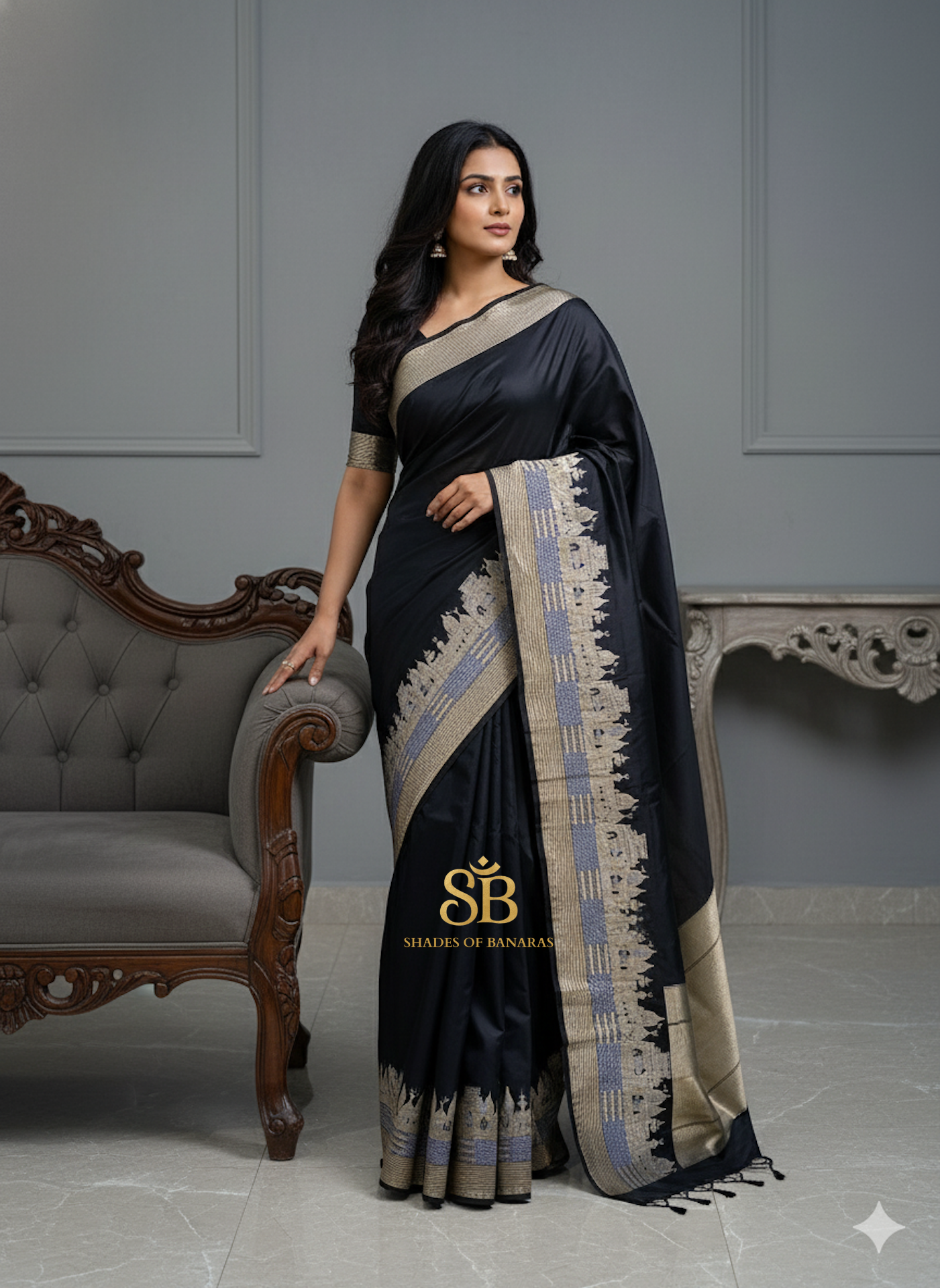 Midnight Majesty – Black Pure Silk Handloom Banarasi Saree (Kadhwa Ghat Weave) by Shades Of Banaras - banarasi - banarasi saree shop - banarasi saree manufacturers - banarasi saree wholesale - banaraasi sarees