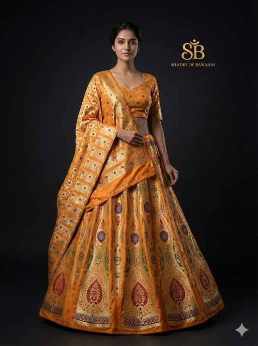 Luxe Haldi Couture — Yellow Minakari Banarasi Silk Lehenga by Shades Of Banaras - banarasi - banarasi saree shop - banarasi saree manufacturers - banarasi saree wholesale - banaraasi sarees