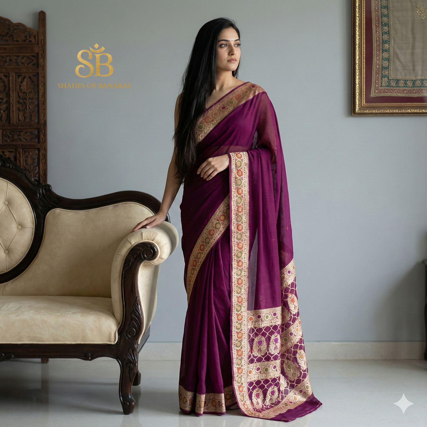 Red Wine Pure Khaddi Georgette Banarasi Saree with Kadhua Minakari Border & Designer Blouse