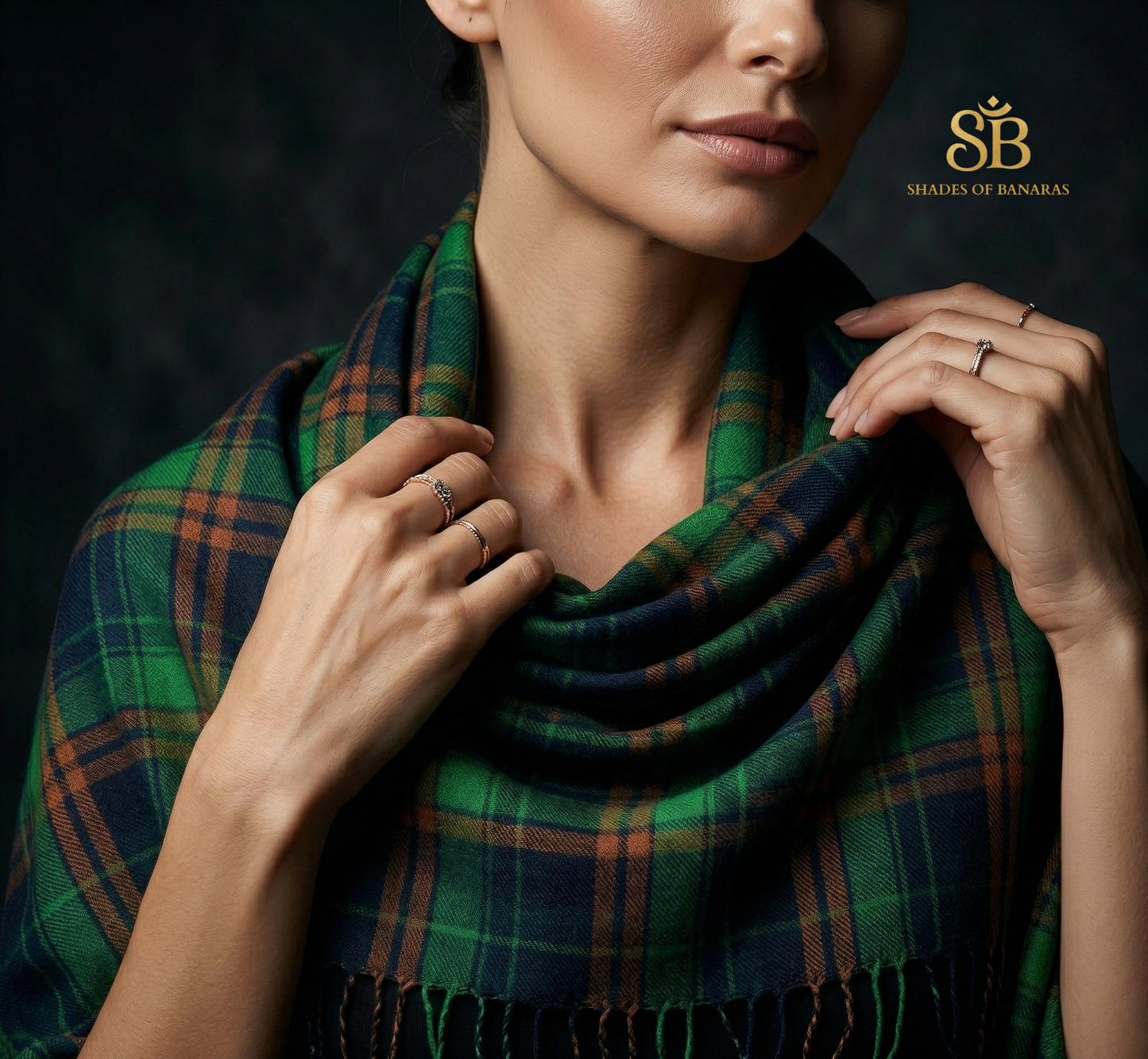 Midnight Emerald Luxe Check Pashmina Scarf