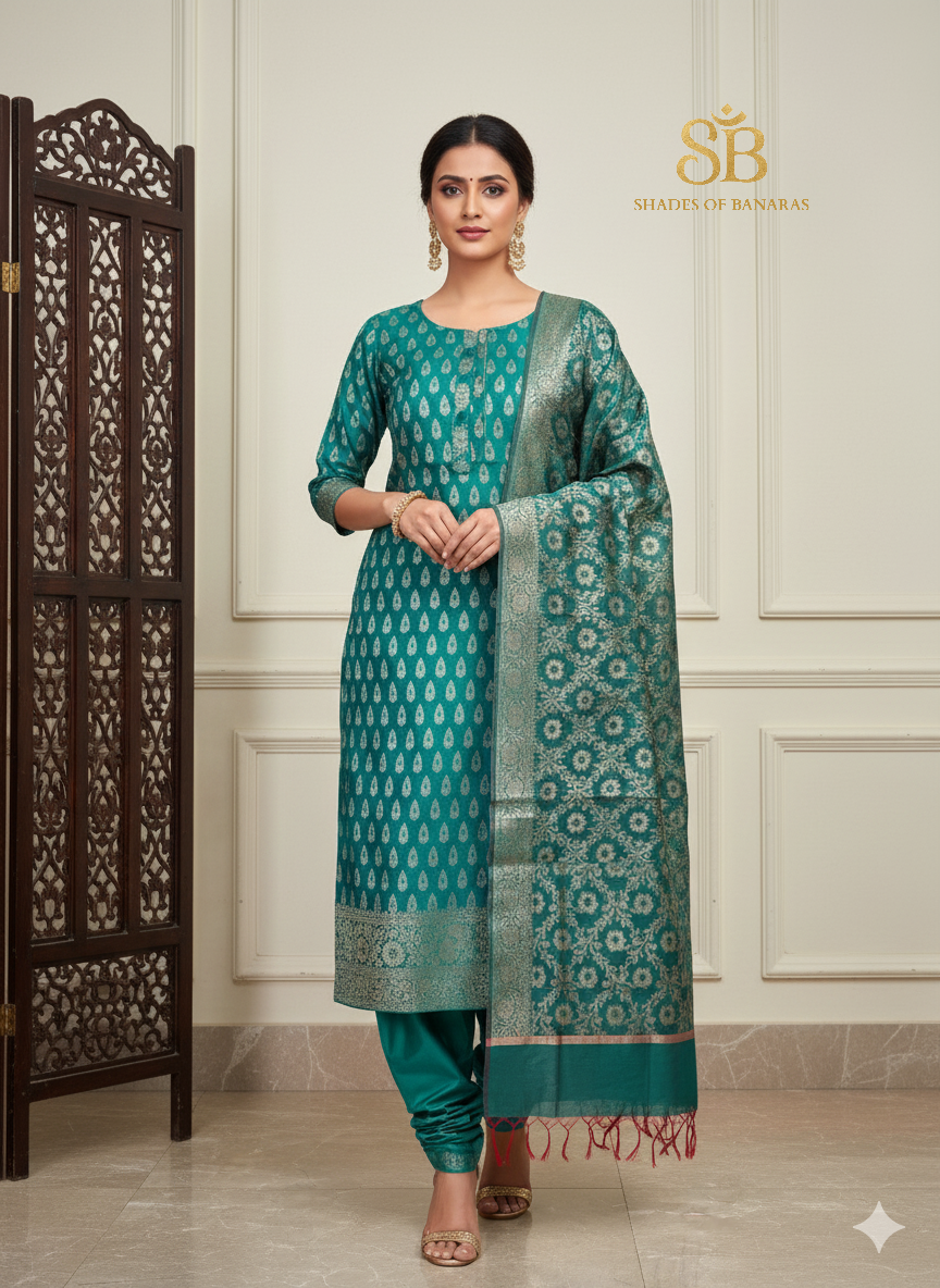 Effortless Turquoise Blue Pure Cotton Handloom Suit Set by Shades Of Banaras - banarasi - banarasi saree shop - banarasi saree manufacturers - banarasi saree wholesale - banaraasi sarees