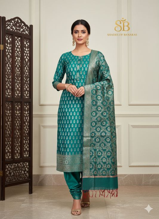 Effortless Turquoise Blue Pure Cotton Handloom Suit Set by Shades Of Banaras - banarasi - banarasi saree shop - banarasi saree manufacturers - banarasi saree wholesale - banaraasi sarees