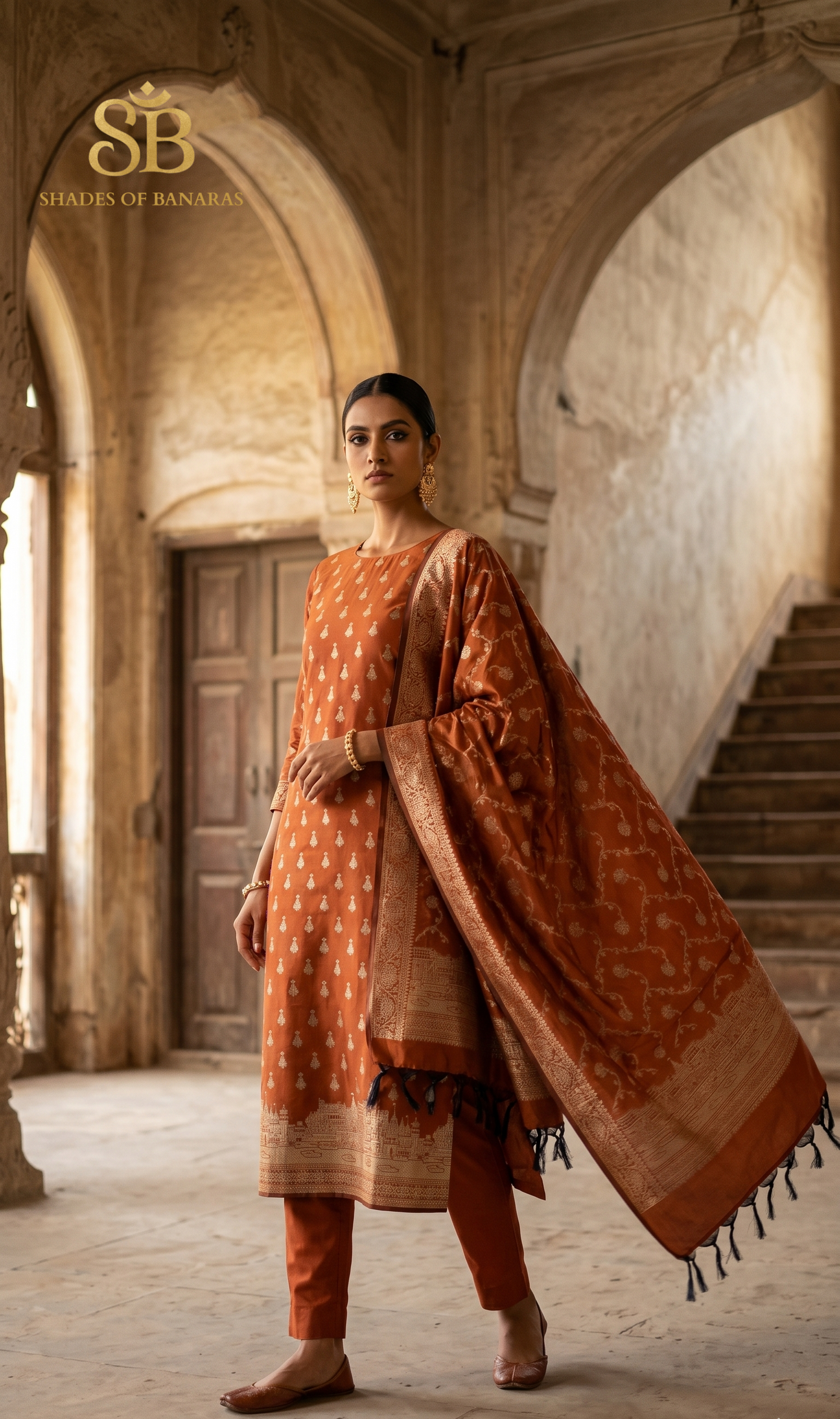 The Ghats of Kashi: Handwoven Matt Orange Banarasi Katan Silk Suit Set by Shades Of Banaras - banarasi - banarasi saree shop - banarasi saree manufacturers - banarasi saree wholesale - banaraasi sarees - banarasi sari - banarasi saris - silk saree - silk sari - wedding saree - wedding sari - designer sari - wedding collection - gifting