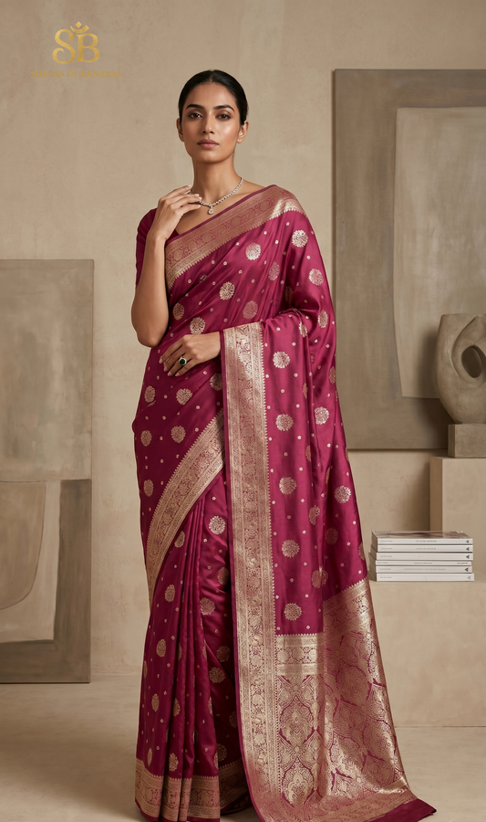 The Blush Couture: Pure Silk Banarasi Saree with Antique Matt Gold Zari Butis