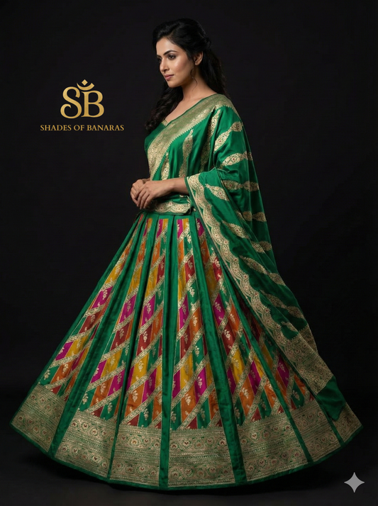 Emerald Luxe Rangkaat Couture Banarasi Lehenga — Handloom Royalty by Shades Of Banaras - banarasi - banarasi saree shop - banarasi saree manufacturers - banarasi saree wholesale - banaraasi sarees