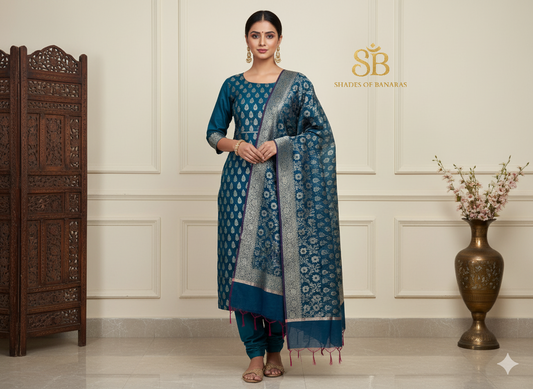 Stunning Blue Pure Cotton Handloom Banarasi Suit Set by Shades Of Banaras - banarasi - banarasi saree shop - banarasi saree manufacturers - banarasi saree wholesale - banaraasi sarees