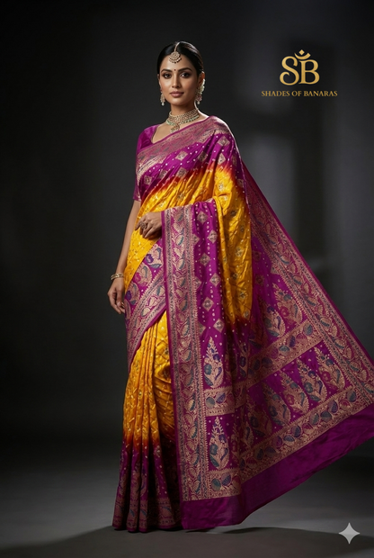 Yellow & Pink Pure Georgette Bandhani Banarasi Saree with Minakari Weaving