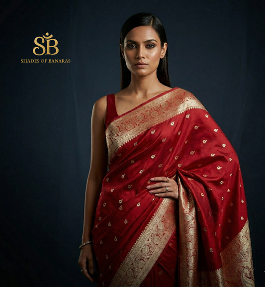 The Crimson Luxe: All-Over Buti Pure Satin Silk Banarasi Saree by Shades Of Banaras - banarasi - banarasi saree shop - banarasi saree manufacturers - banarasi saree wholesale - banaraasi sarees - banarasi sari - banarasi saris - silk saree - silk sari - wedding saree - wedding sari - designer sari - wedding collection - gifting