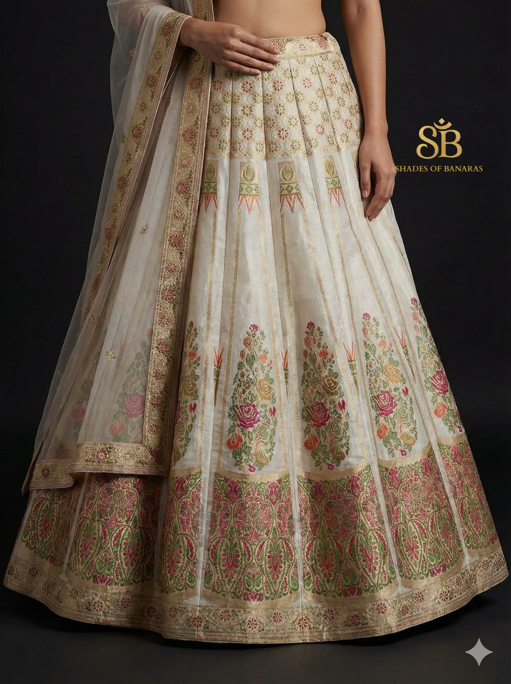 Ivory Whisper Luxe Couture — Off-White Banarasi Silk Lehenga by Shades Of Banaras - banarasi - banarasi saree shop - banarasi saree manufacturers - banarasi saree wholesale - banaraasi sarees