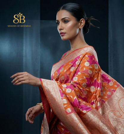 Couture Rangkaat: The Luxe Pure Silk Banarasi Saree – Sunset Pink & Tangerine by Shades Of Banaras - banarasi - banarasi saree shop - banarasi saree manufacturers - banarasi saree wholesale - banaraasi sarees - banarasi sari - banarasi saris - silk saree - silk sari - wedding saree - wedding sari - designer sari - wedding collection - gifting