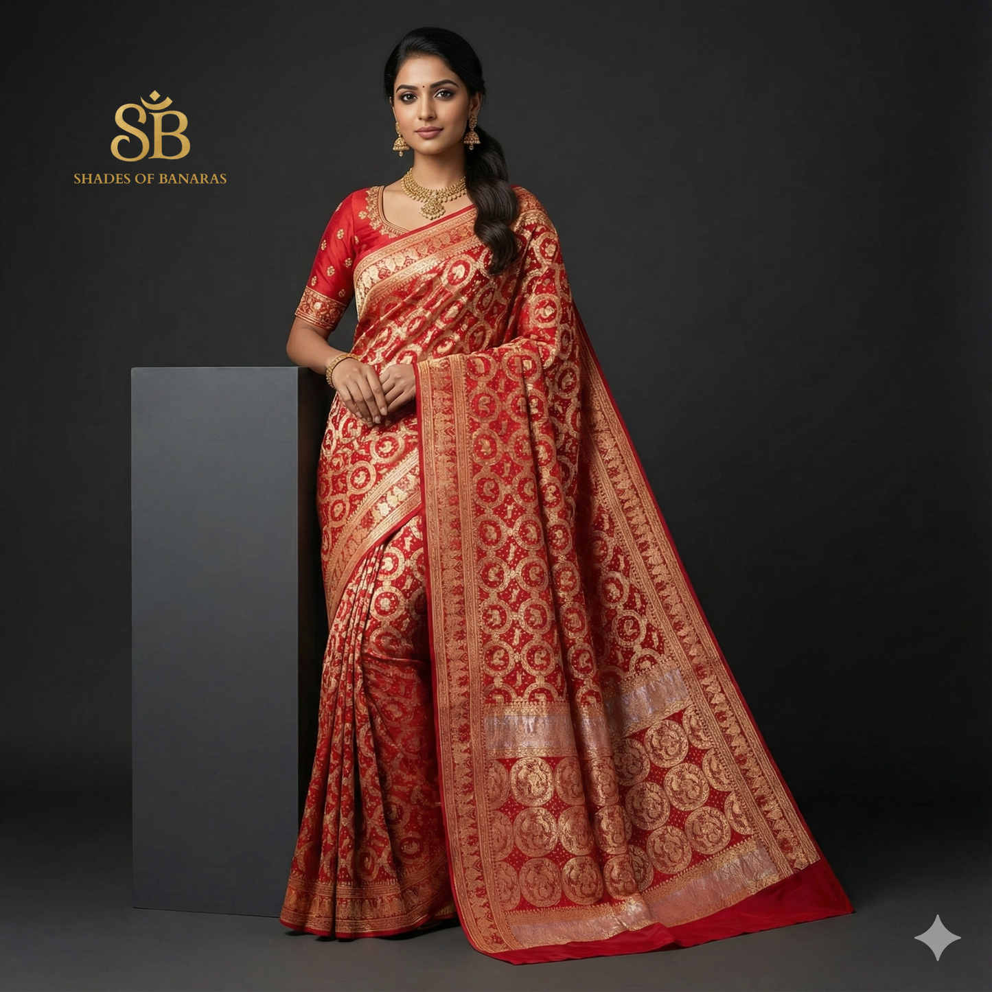 Crimson Heritage: Red Khaddi Georgette Bandhani Saree with Shikargaah Weave The quintessential hue of love, reimagined in the lightest of silks. by Shades Of Banaras - banarasi - banarasi saree shop - banarasi saree manufacturers - banarasi saree wholesale - banaraasi sarees