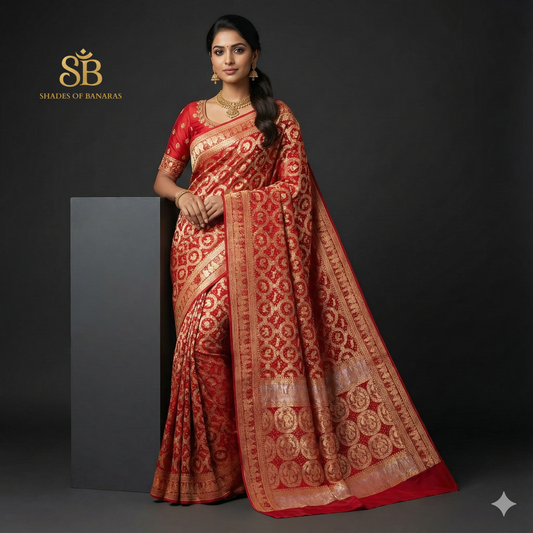 Crimson Heritage: Red Khaddi Georgette Bandhani Saree with Shikargaah Weave The quintessential hue of love, reimagined in the lightest of silks. by Shades Of Banaras - banarasi - banarasi saree shop - banarasi saree manufacturers - banarasi saree wholesale - banaraasi sarees
