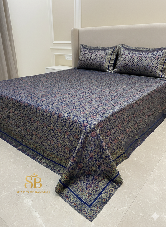Luxury Navy Blue Pure Dupion Banarasi Bedcover Set by Shades Of Banaras - banarasi - banarasi saree shop - banarasi saree manufacturers - banarasi saree wholesale - banaraasi sarees