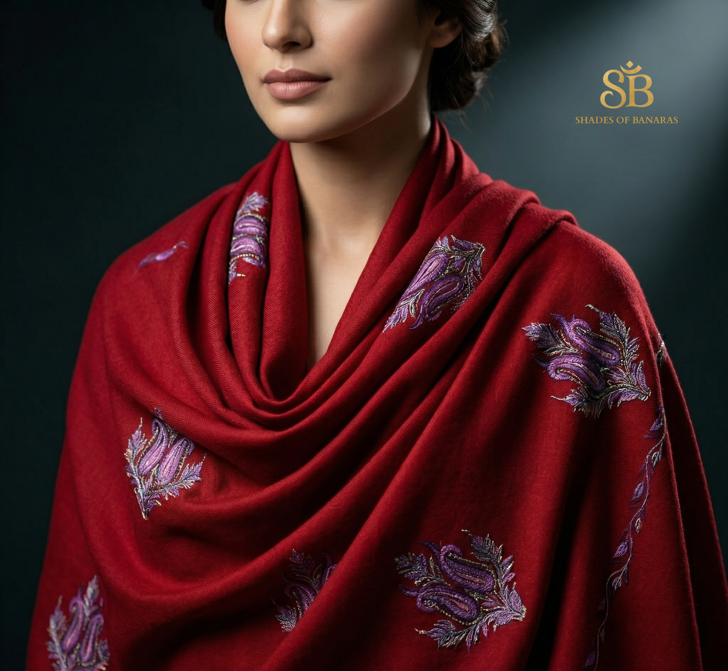 The Regal Crimson: Hand-Embroidered Red Pashmina Luxe Stole